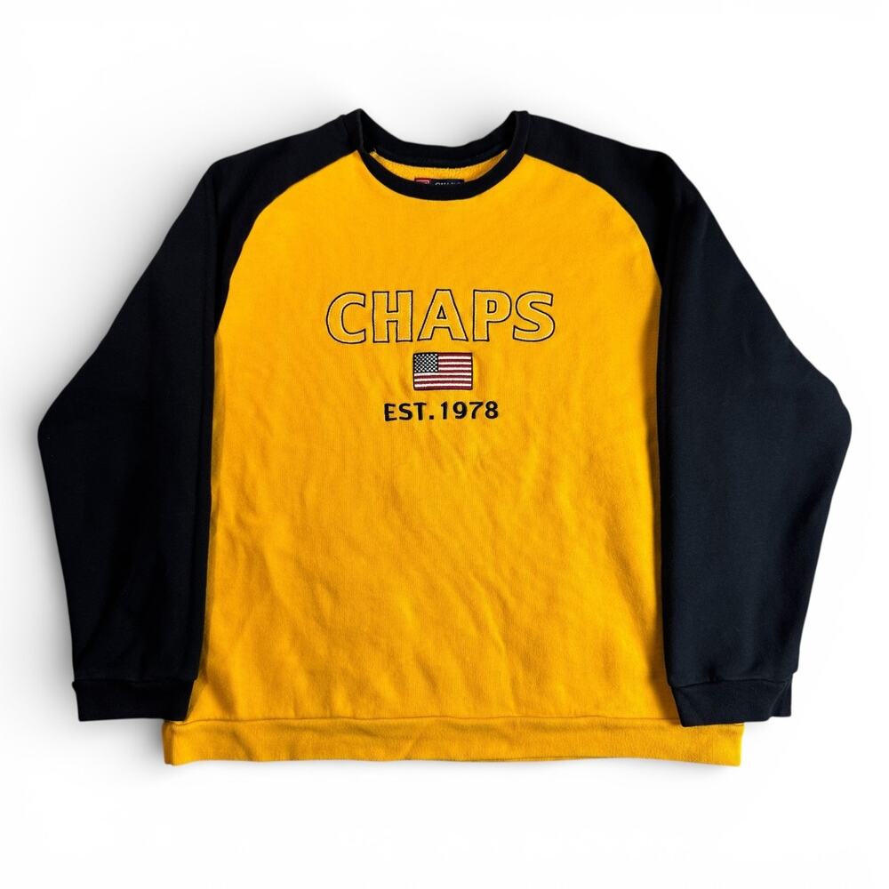 Vintage Chaps Ralph Lauren Sweatshirt Mens 2XL Yellow Navy Flag Spellout Y2K